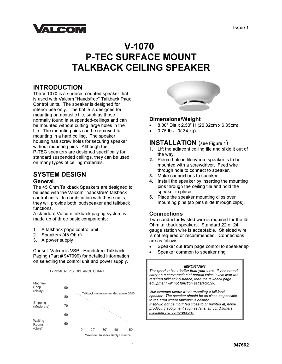 Valcom V-1070 dimensions Introduction, System Design, General, Dimensions/Weight, Connections 