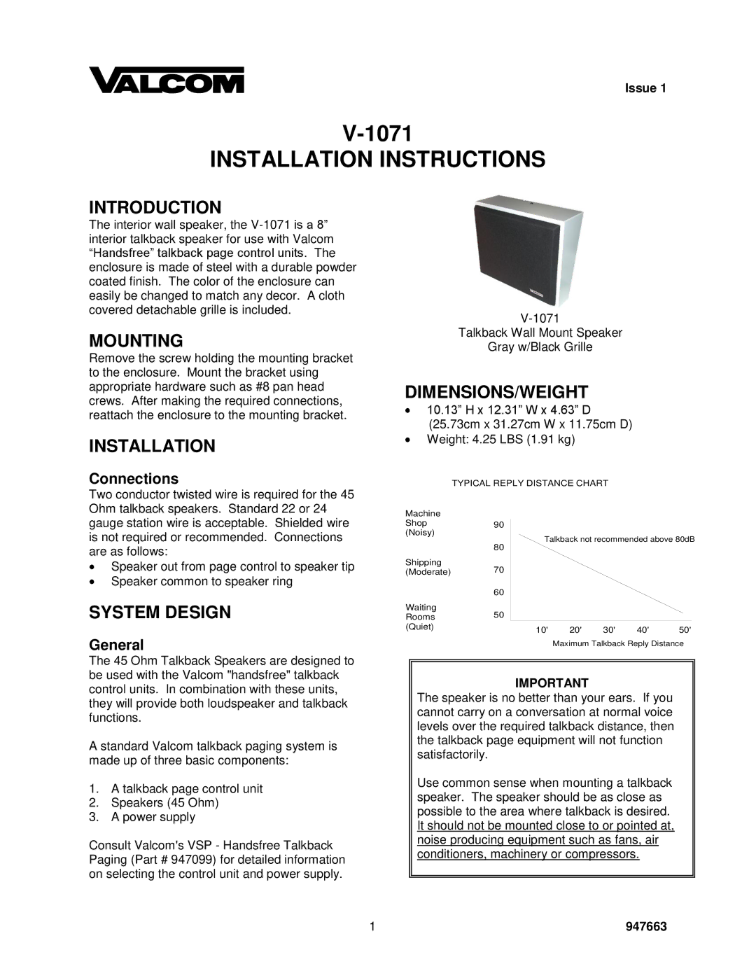 Valcom V-1071 dimensions Introduction, Mounting, Installation, Dimensions/Weight, System Design 