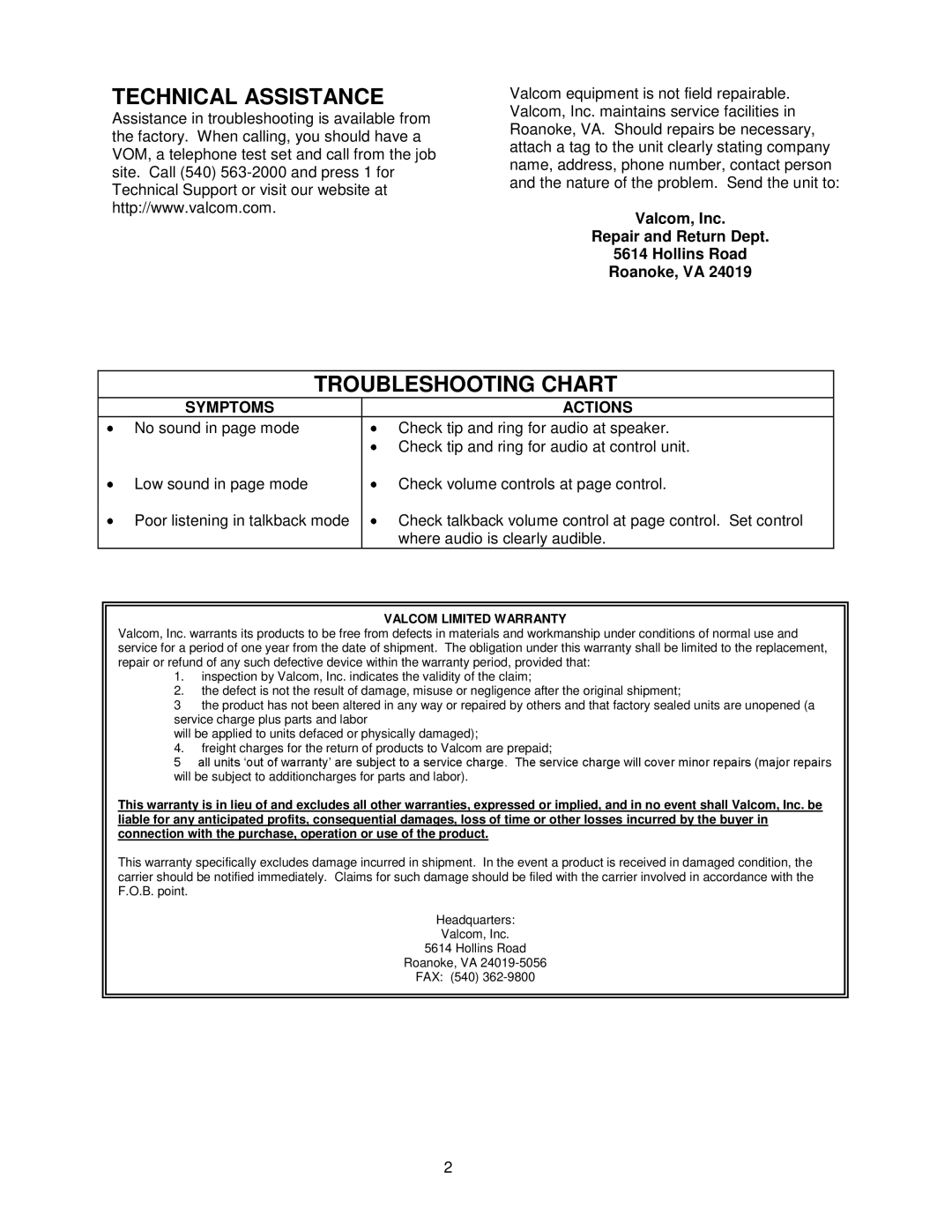 Valcom V-1071 dimensions Technical Assistance, Troubleshooting Chart 