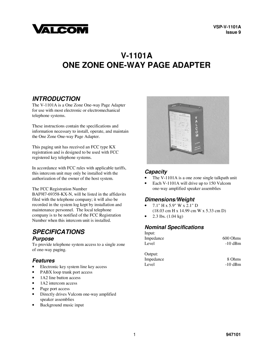 Valcom V-1101A specifications Introduction, Specifications 