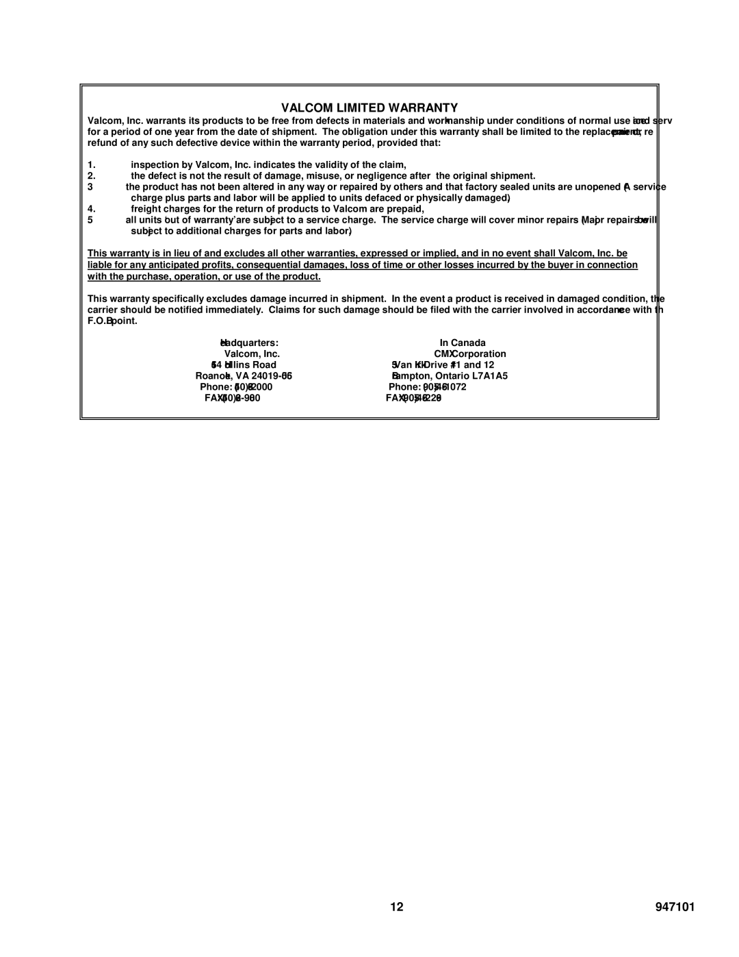 Valcom V-1101A specifications Valcom Limited Warranty 