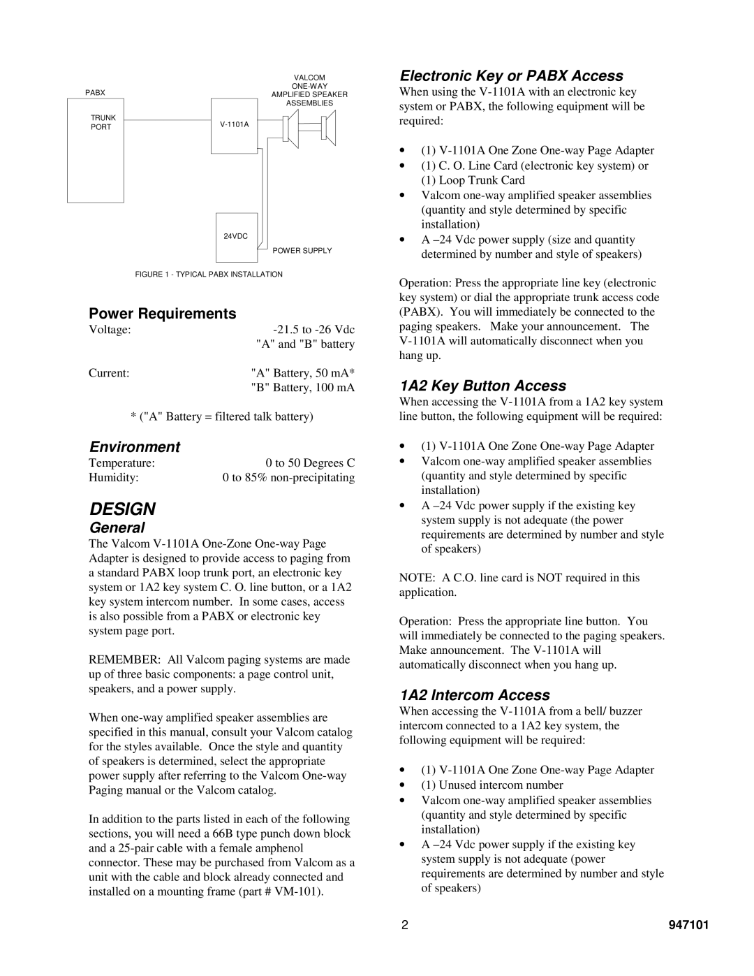 Valcom V-1101A specifications Design 