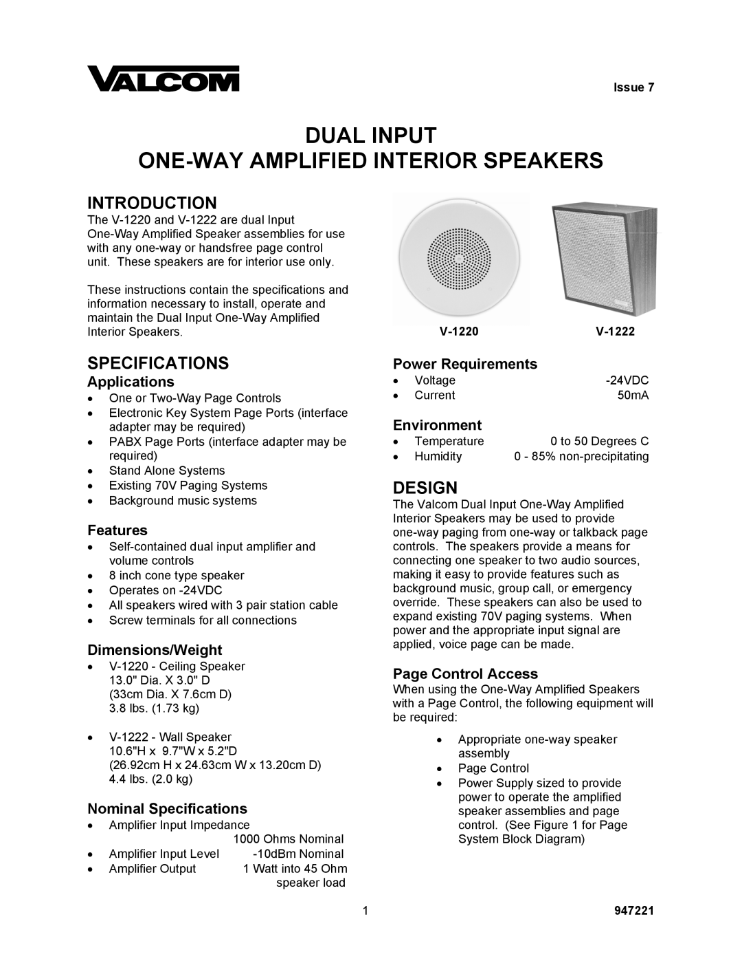 Valcom V-1222, V-1220 specifications Introduction, Specifications, Design 