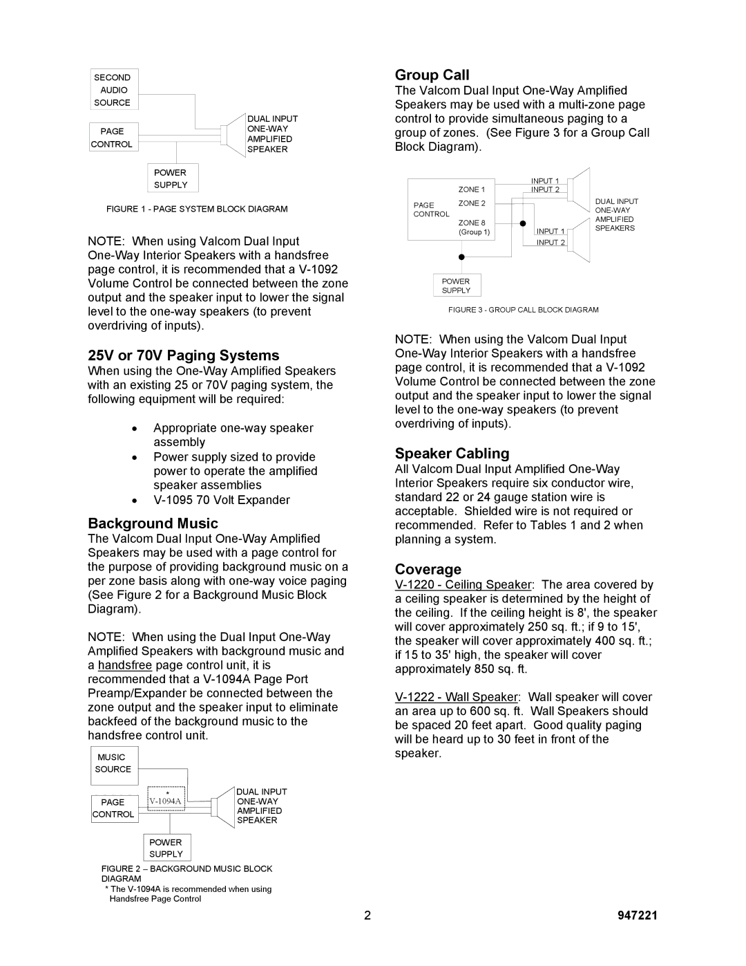 Valcom V-1220, V-1222 specifications Group Call, 25V or 70V Paging Systems, Background Music, Speaker Cabling, Coverage 