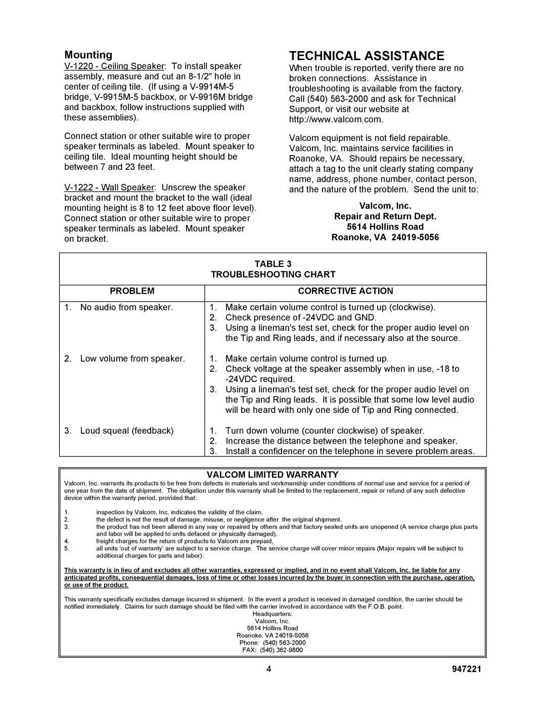 Valcom V-1220, V-1222 specifications Technical Assistance, Mounting 