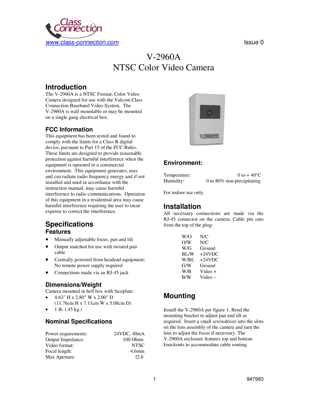 Valcom V-2960A specifications Introduction, Specifications, Installation, Mounting 