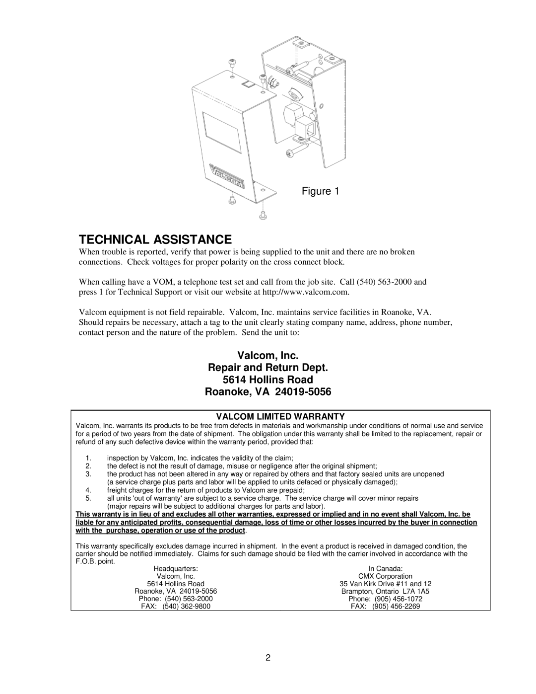 Valcom V-2960A specifications Technical Assistance, Valcom, Inc Repair and Return Dept Hollins Road Roanoke, VA 