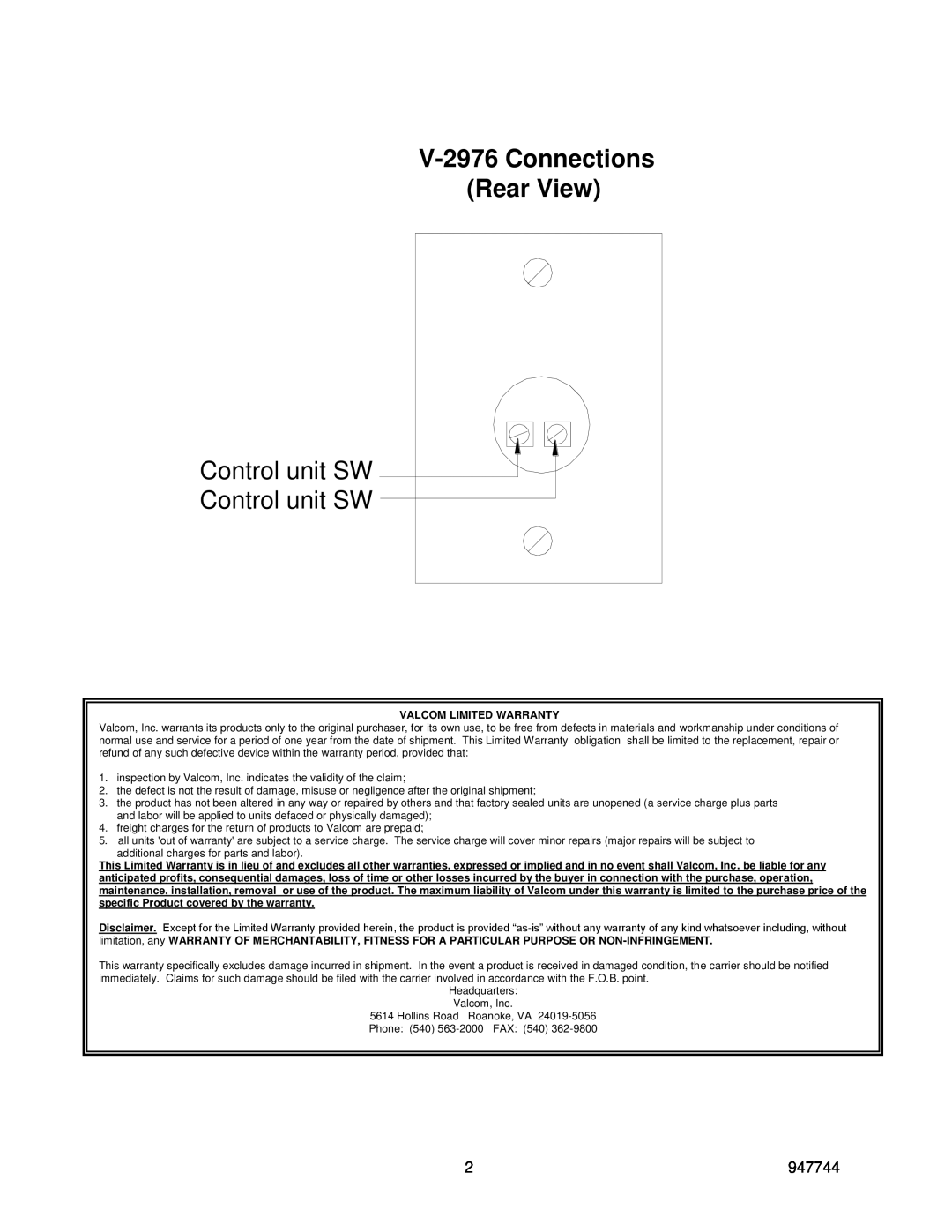 Valcom dimensions V-2976Connections Rear View, Control unit SW Control unit SW 
