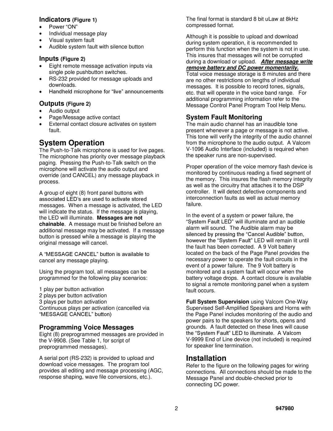 Valcom V-9908 System Operation, Installation, Indicators Figure, Programming Voice Messages, System Fault Monitoring 
