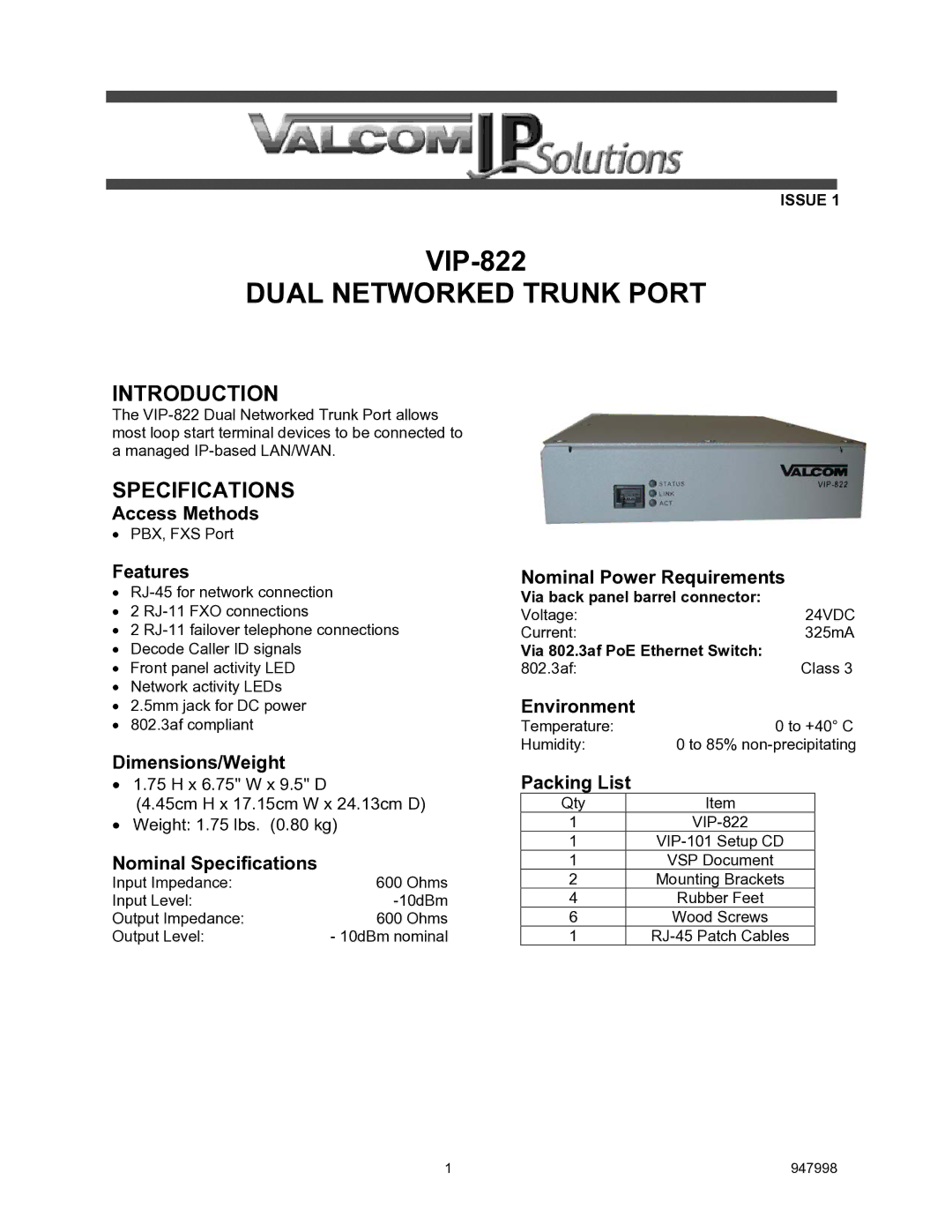 Valcom VIP-822 specifications Introduction, Specifications 