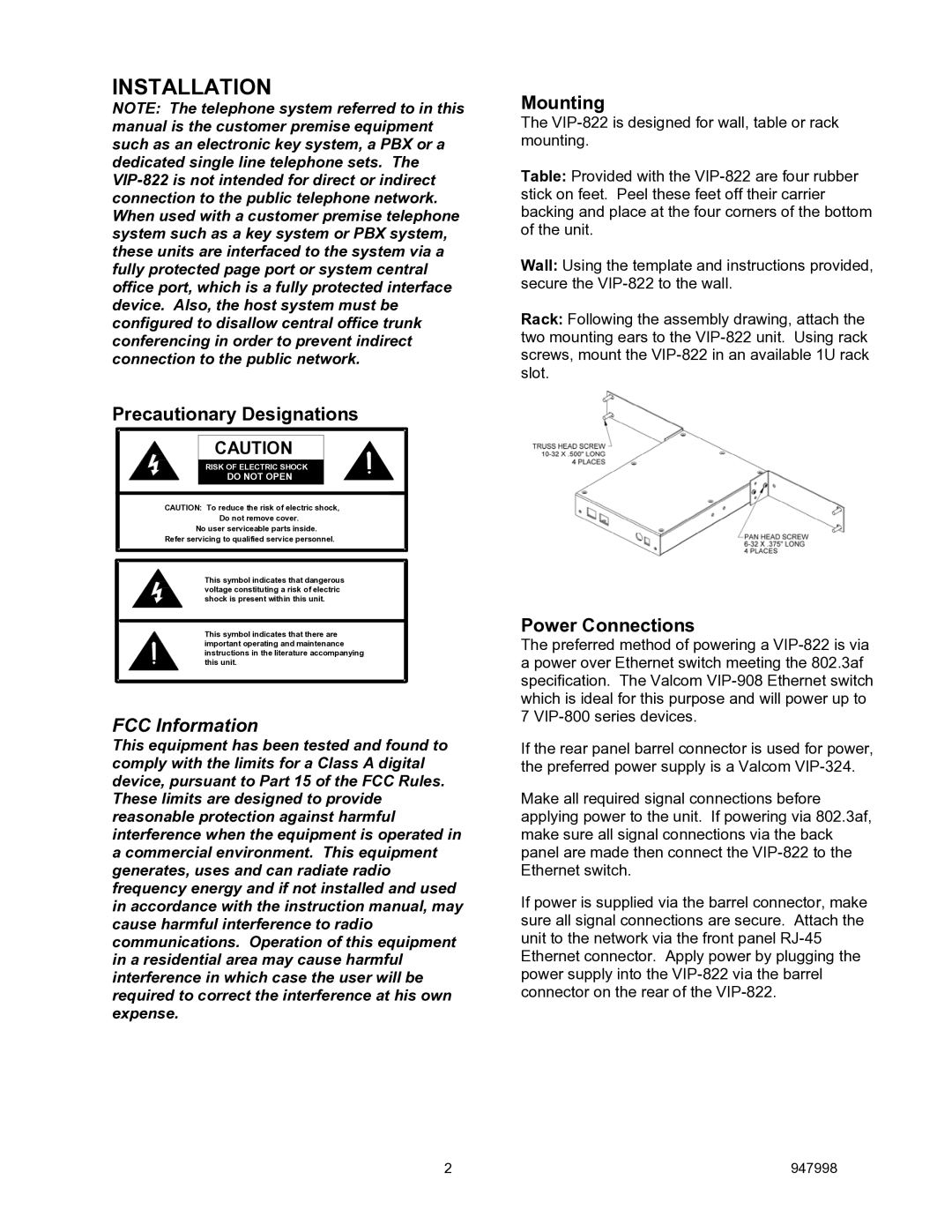 Valcom VIP-822 specifications Installation, Precautionary Designations, Mounting, Power Connections 