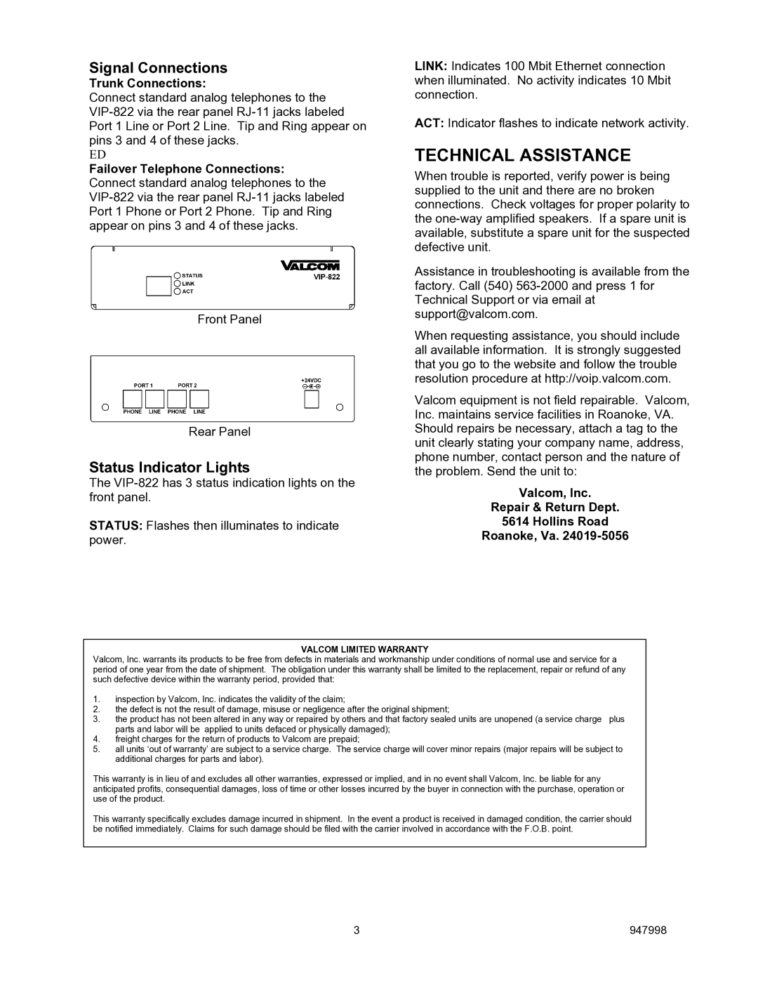 Valcom VIP-822 specifications Technical Assistance, Signal Connections, Status Indicator Lights, Trunk Connections 