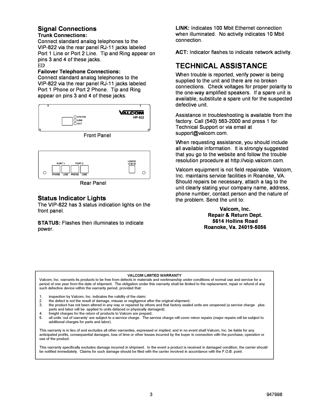 Valcom VIP-822 specifications Technical Assistance, Signal Connections, Status Indicator Lights, Trunk Connections 