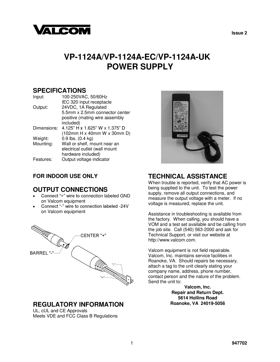 Valcom VP-1124A-EC, VP-1124A-UK specifications Power Supply, Specifications, Output Connections, Regulatory Information 