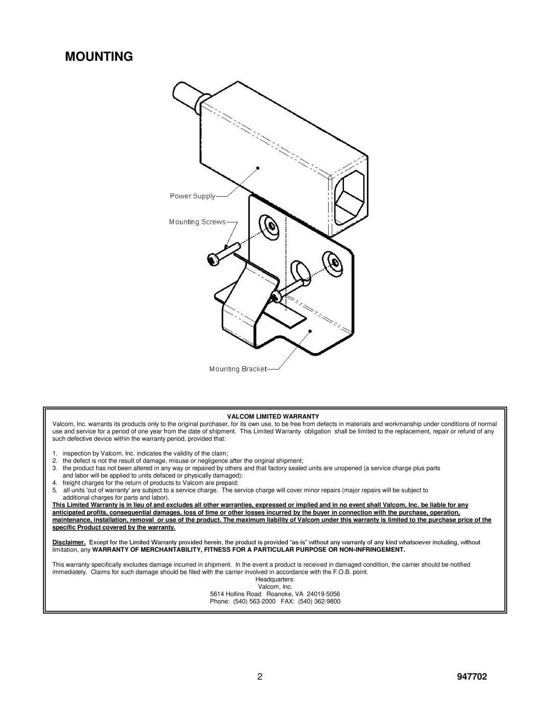 Valcom VP-1124A-UK, VP-1124A-EC specifications Mounting, Valcom Limited Warranty 