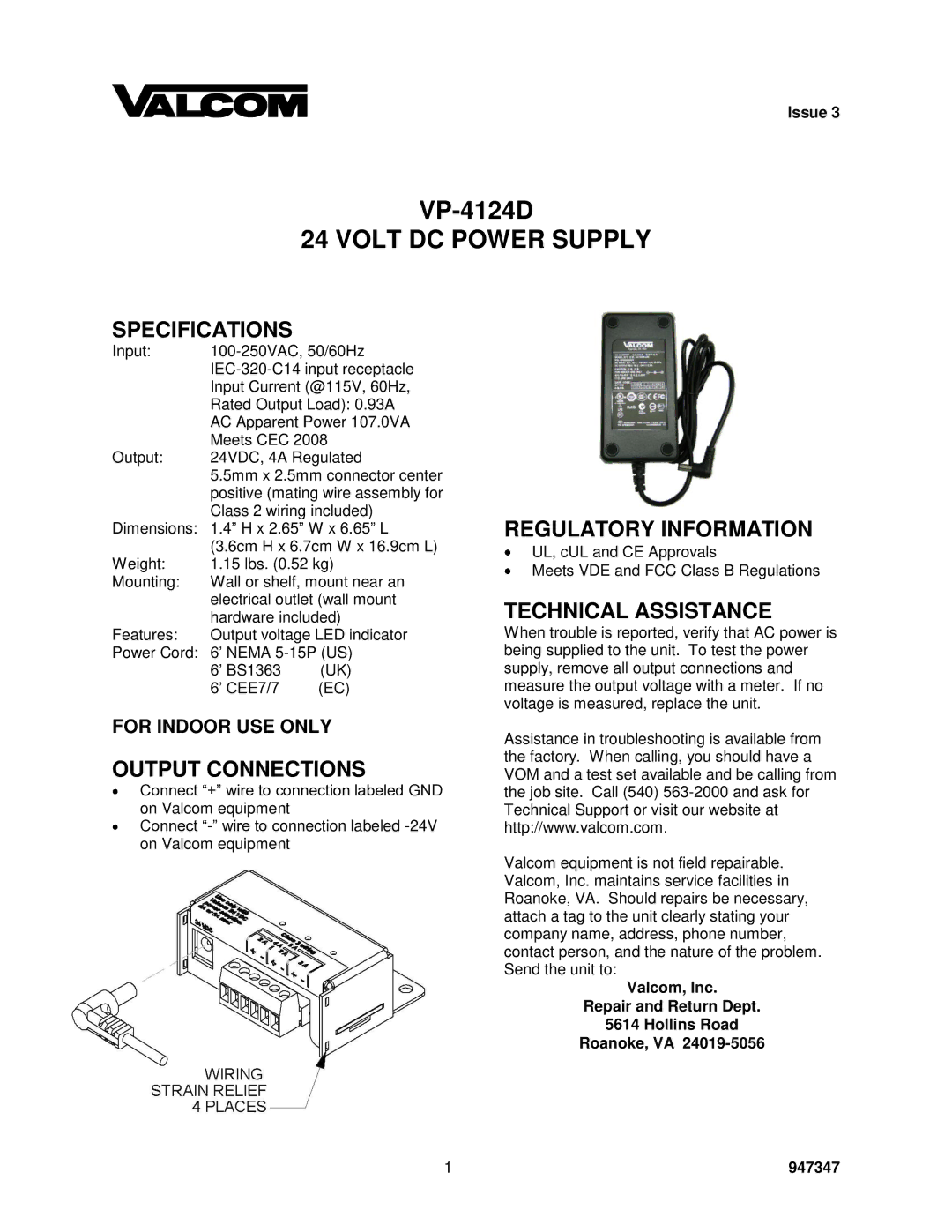 Valcom VP-4124D specifications Volt DC Power Supply, Specifications, Regulatory Information, Technical Assistance 