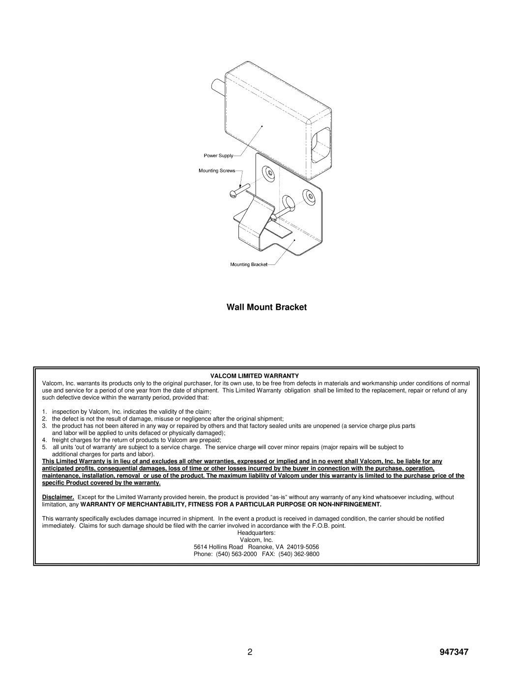 Valcom VP-4124D specifications Wall Mount Bracket, Valcom Limited Warranty 