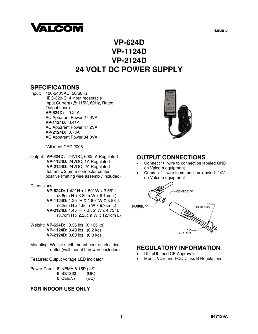 Valcom VP-2124D, VP-624D specifications Volt DC Power Supply, Specifications, Output Connections, Regulatory Information 