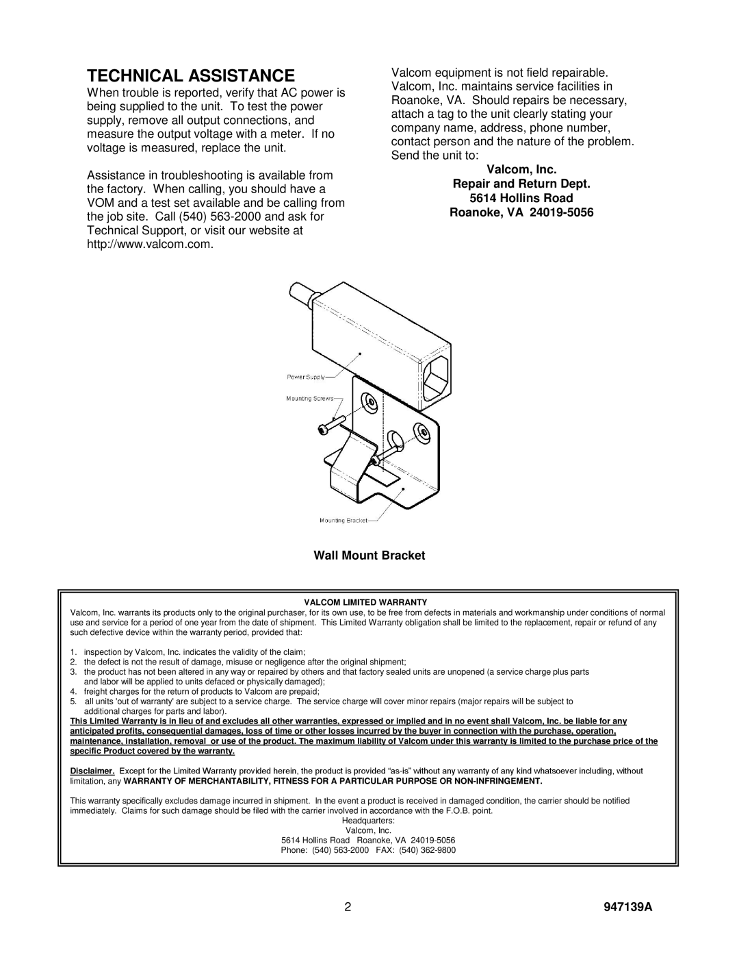 Valcom VP-1124D, VP-624D, VP-2124D specifications Technical Assistance, Valcom Limited Warranty 