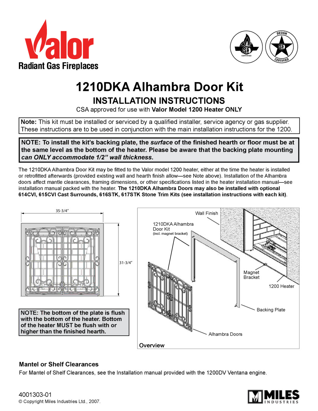 Valor Auto Companion Inc installation instructions 1210DKA Alhambra Door Kit, Installation Instructions 