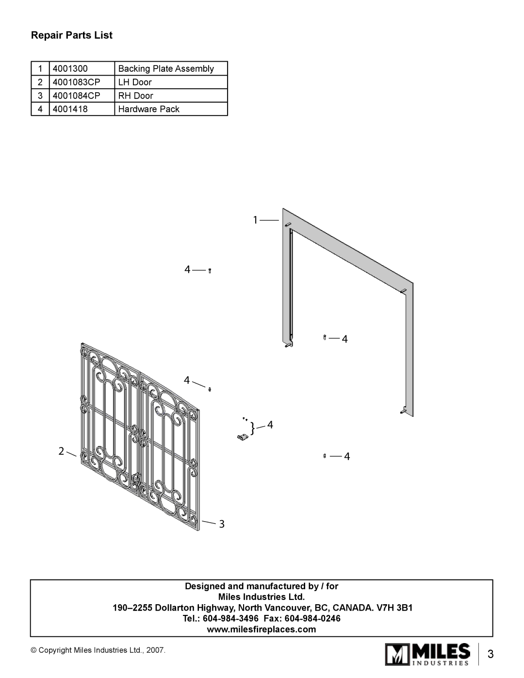 Valor Auto Companion Inc 1210DKA installation instructions Repair Parts List 