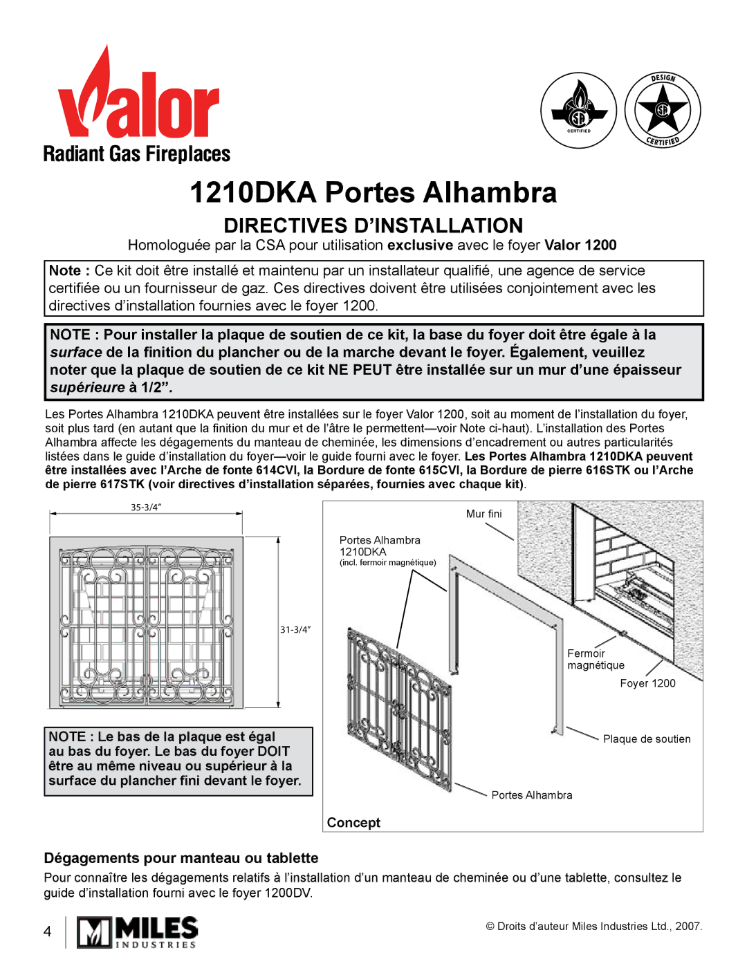 Valor Auto Companion Inc 1210DKA Portes Alhambra, Directives D’INSTALLATION, Dégagements pour manteau ou tablette 