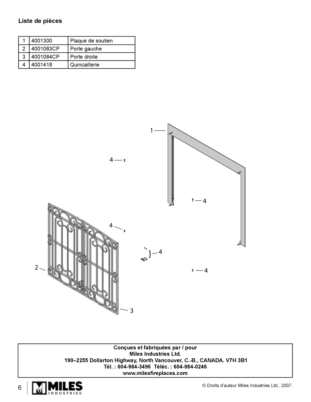 Valor Auto Companion Inc 1210DKA installation instructions Liste de pièces 