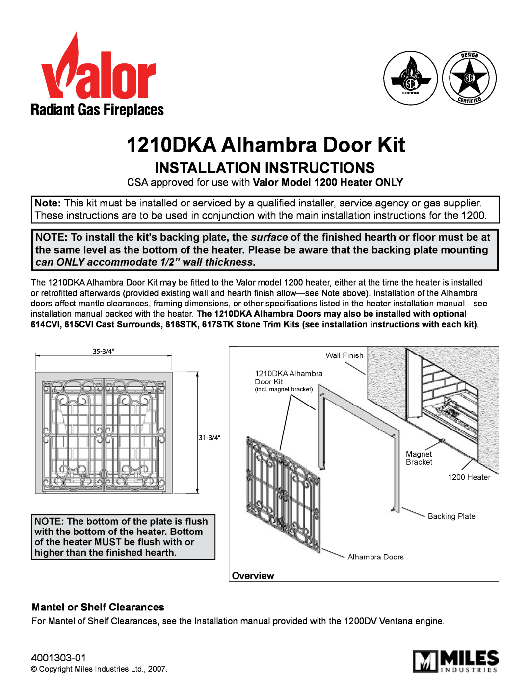 Valor Auto Companion Inc installation instructions 1210DKA Alhambra Door Kit, Installation Instructions, Overview 