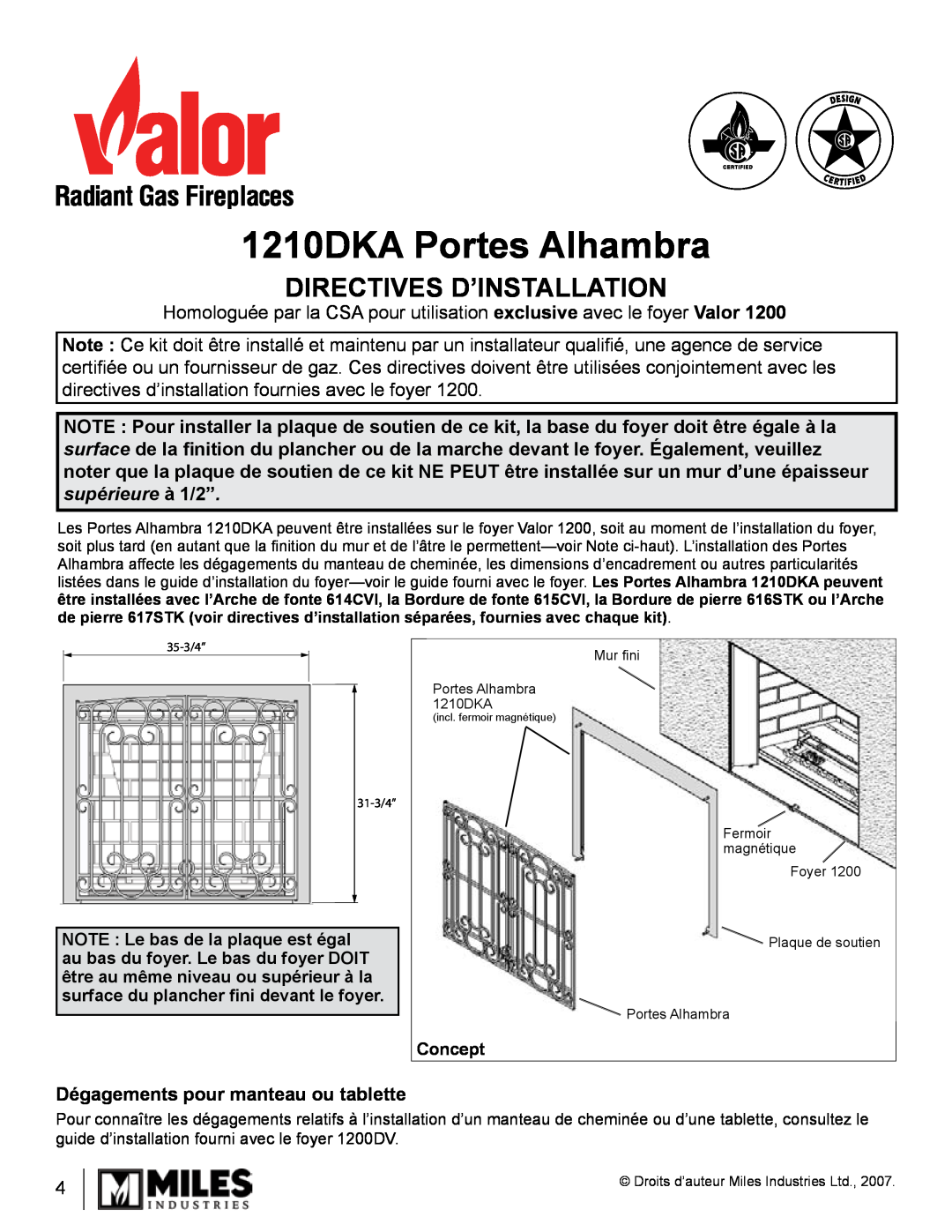 Valor Auto Companion Inc 1210DKA Portes Alhambra, Directives D’Installation, Dégagements pour manteau ou tablette 