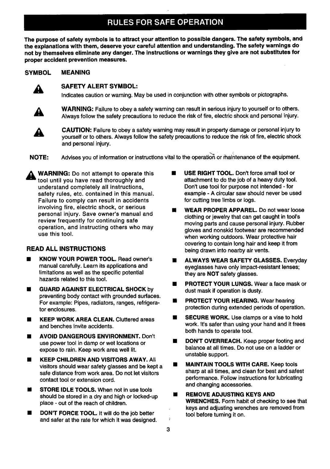 Valor Auto Companion Inc 315.10102 owner manual Read ALL Instructions, Symbol Meaning Safety Alertsymbol 