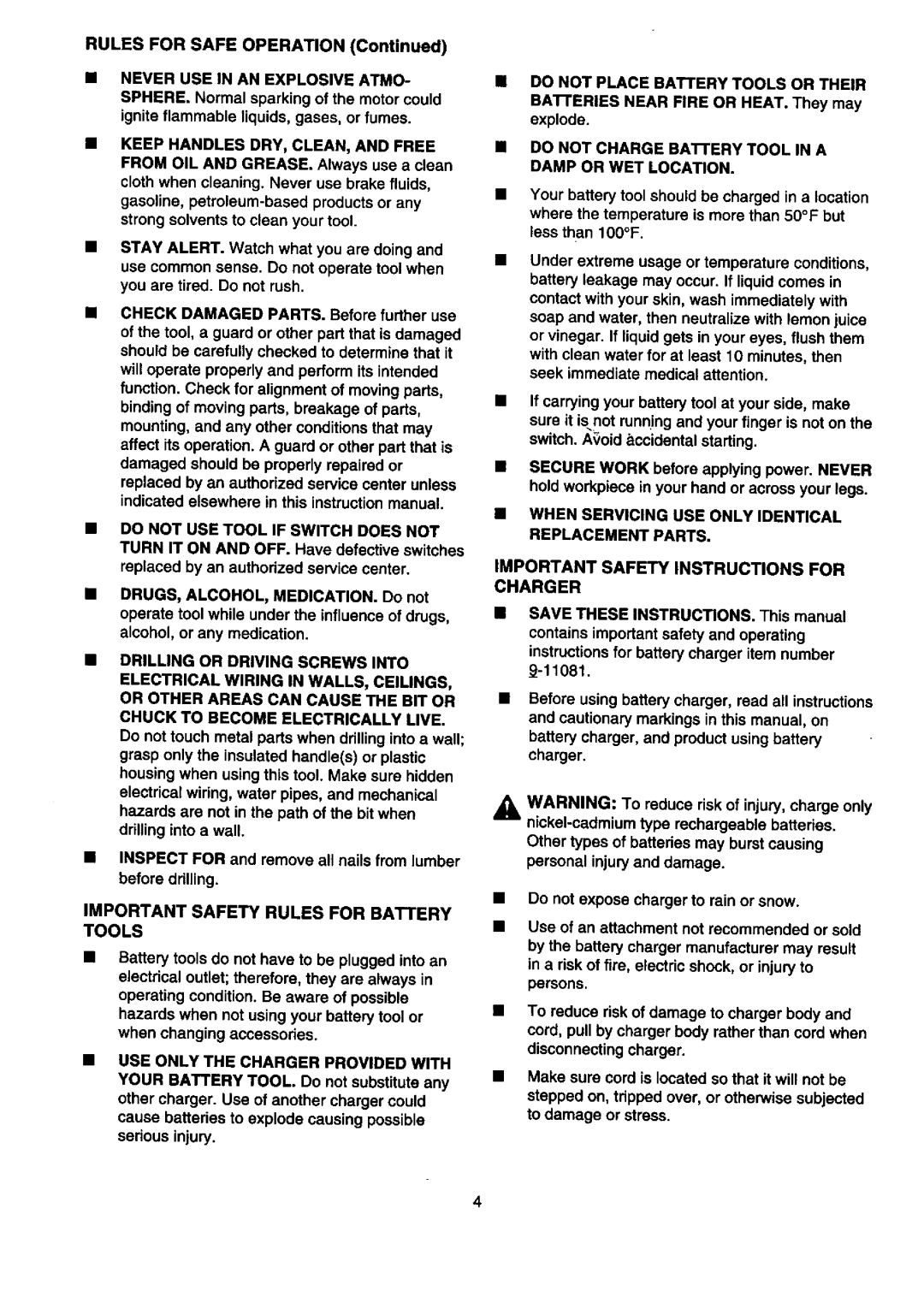 Valor Auto Companion Inc 315.10102 owner manual Important Safety Rules for Battery Tools 