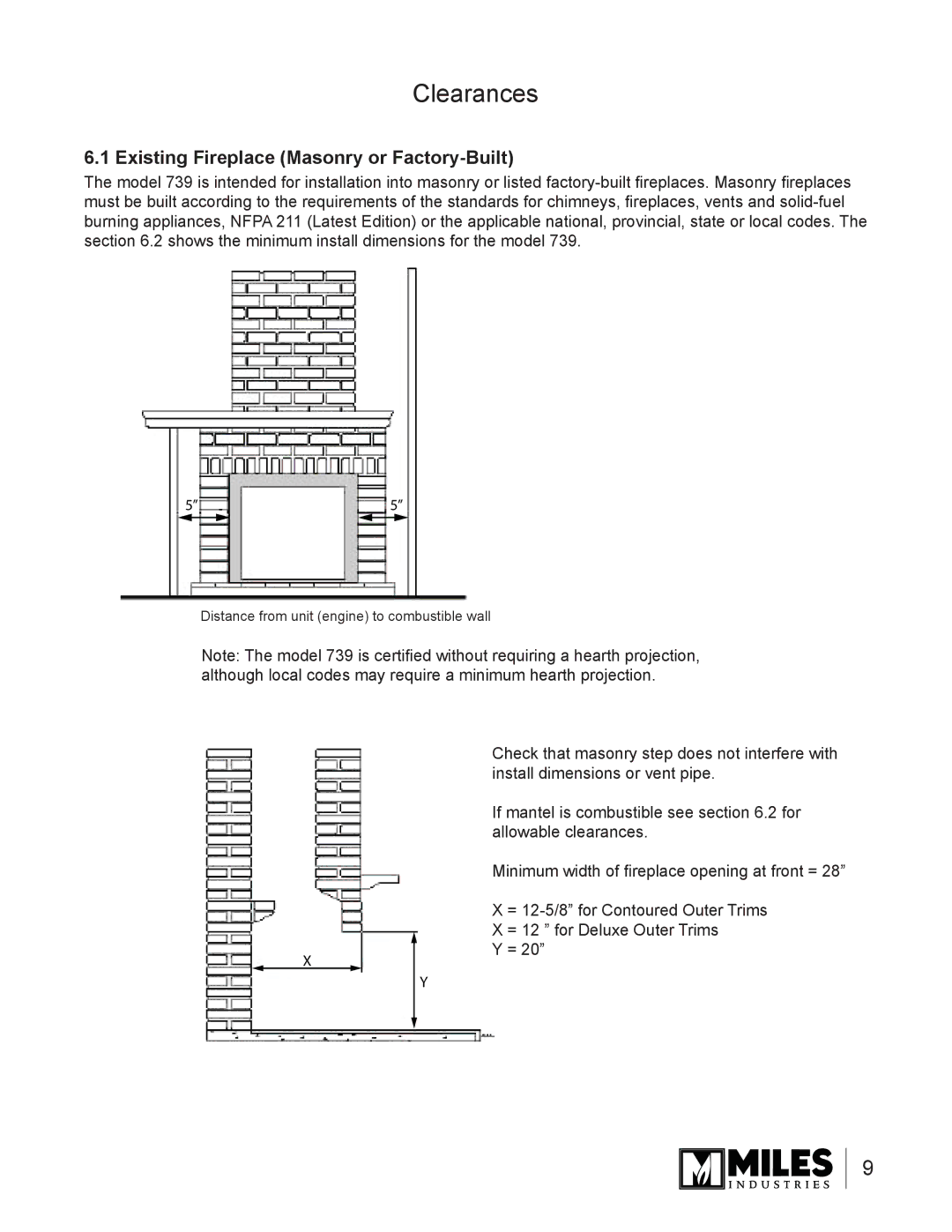 Valor Auto Companion Inc 739DVP, 739DVN owner manual Clearances, Existing Fireplace Masonry or Factory-Built 