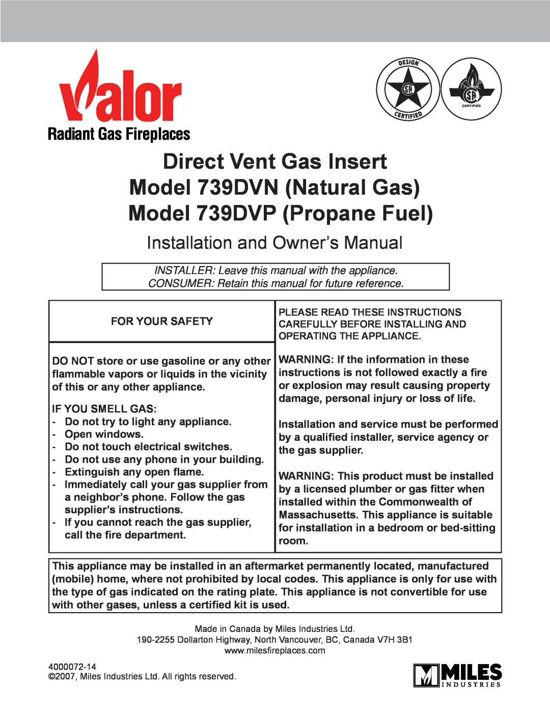 Valor Auto Companion Inc owner manual Direct Vent Gas Insert Model 739DVN Natural Gas, Model 739DVP Propane Fuel 