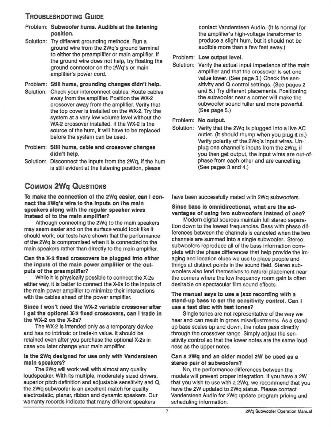 Vandersteen Audio 2WQ manual 