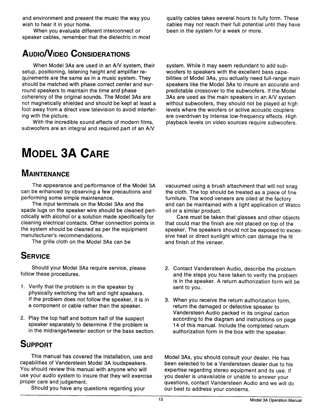 Vandersteen Audio 3A manual 