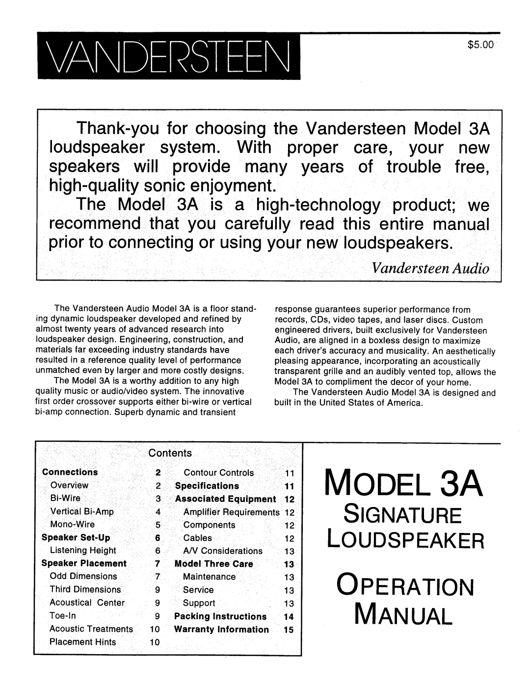 Vandersteen Audio 3A manual 
