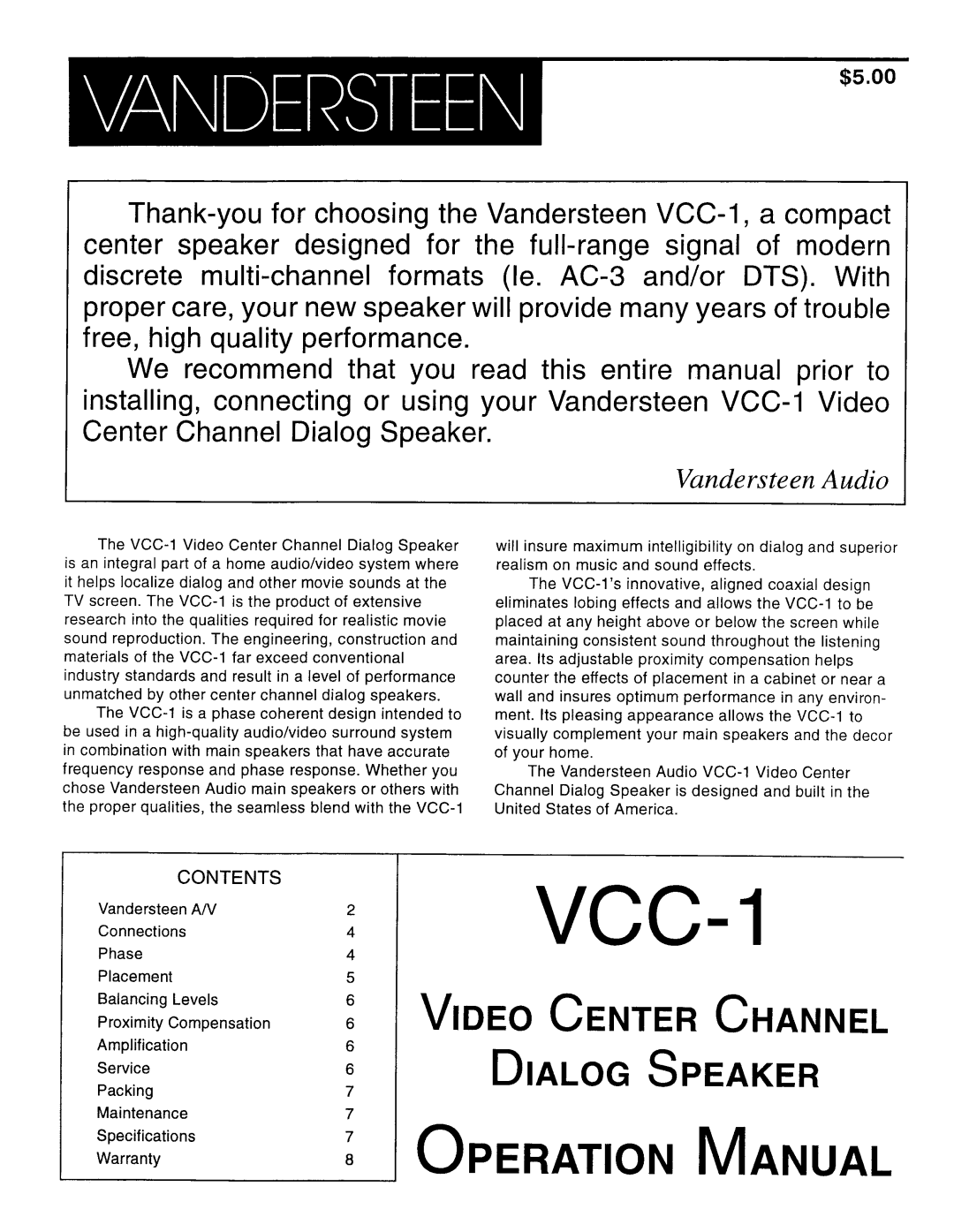 Vandersteen Audio VCC-1 manual 