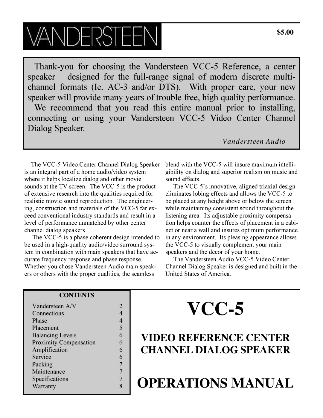 Vandersteen Audio VCC-5 specifications Vandersteen Audio, Contents 