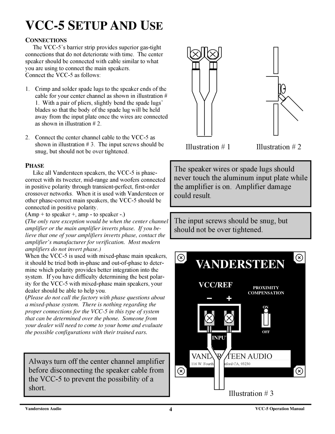 Vandersteen Audio specifications VCC-5 Setup and USE 