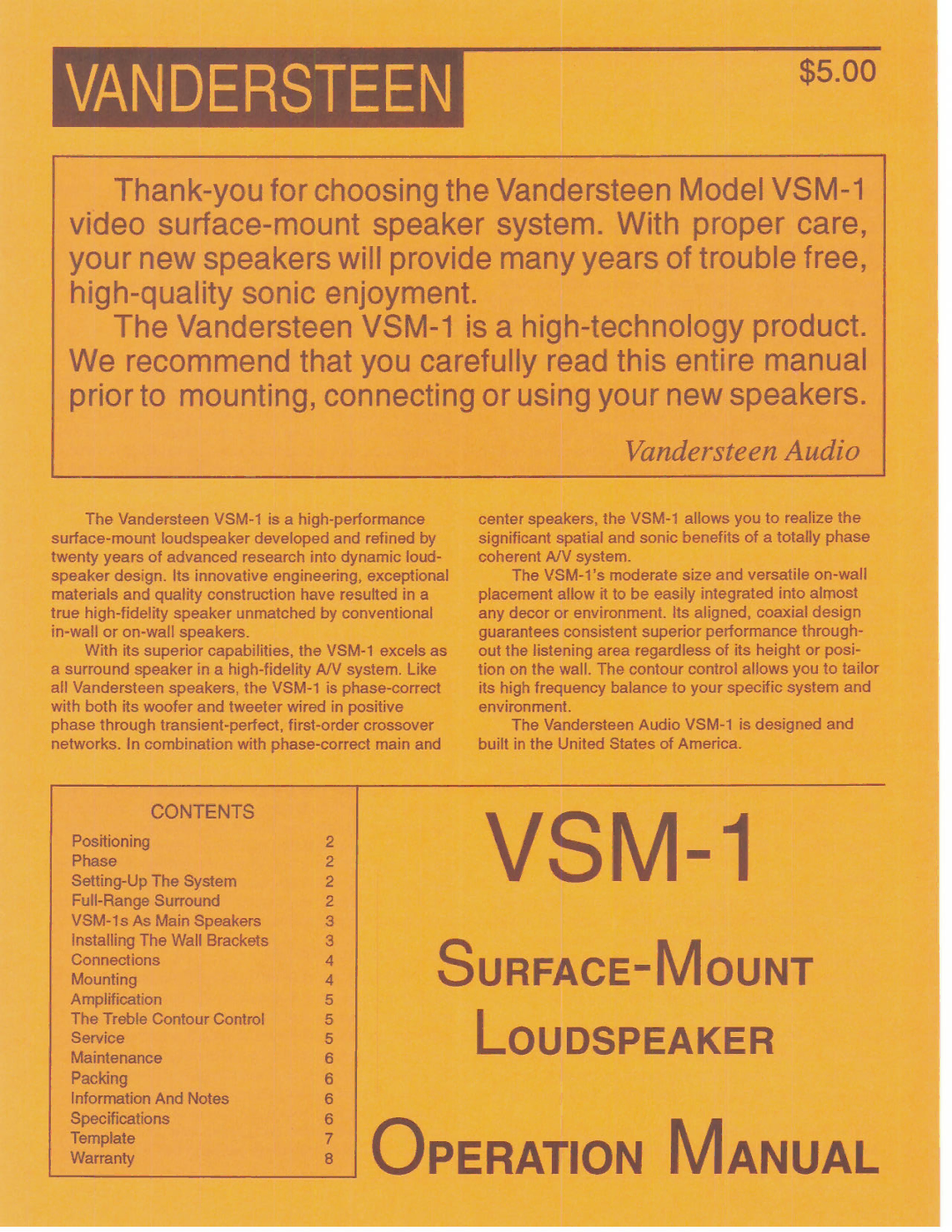 Vandersteen Audio VSM-1 manual 