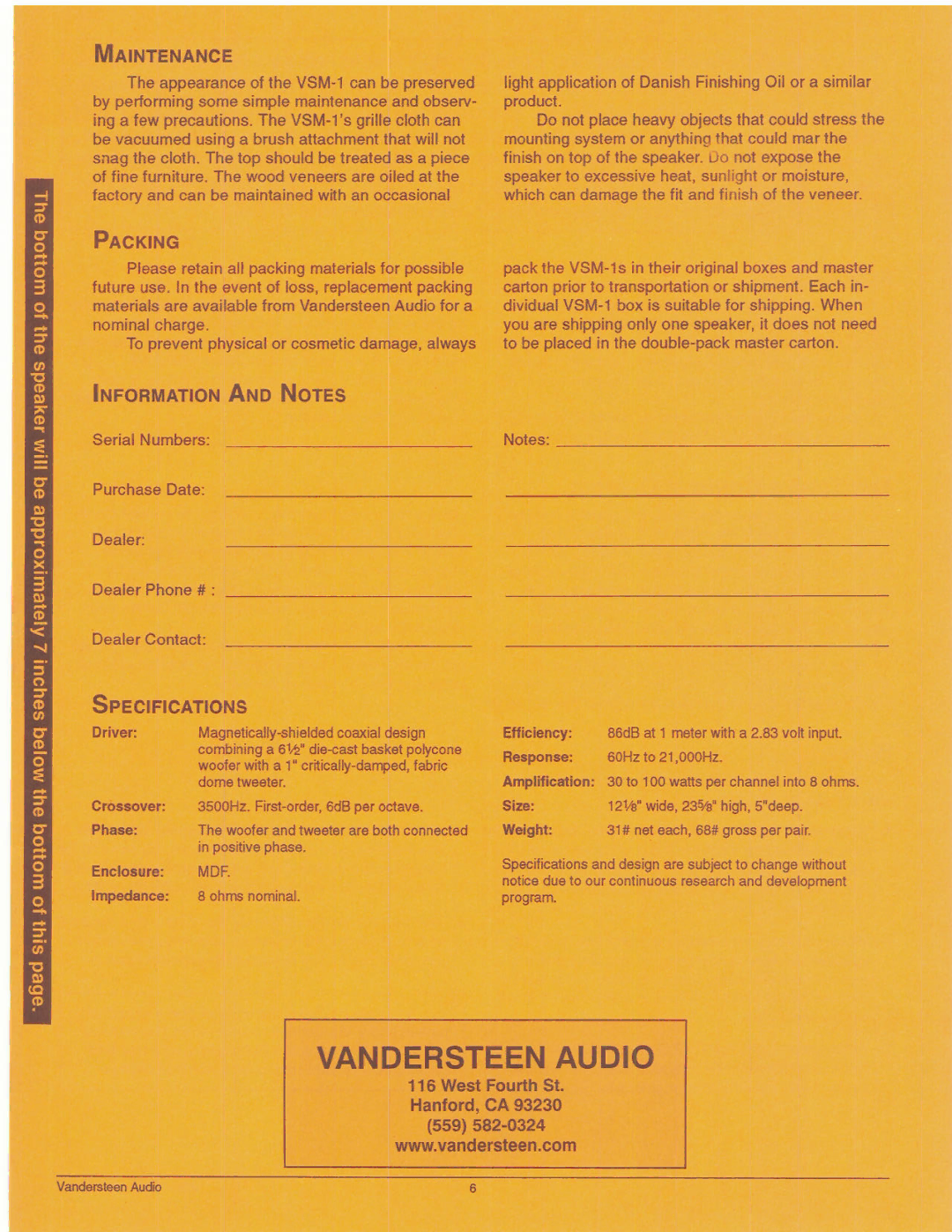 Vandersteen Audio VSM-1 manual 