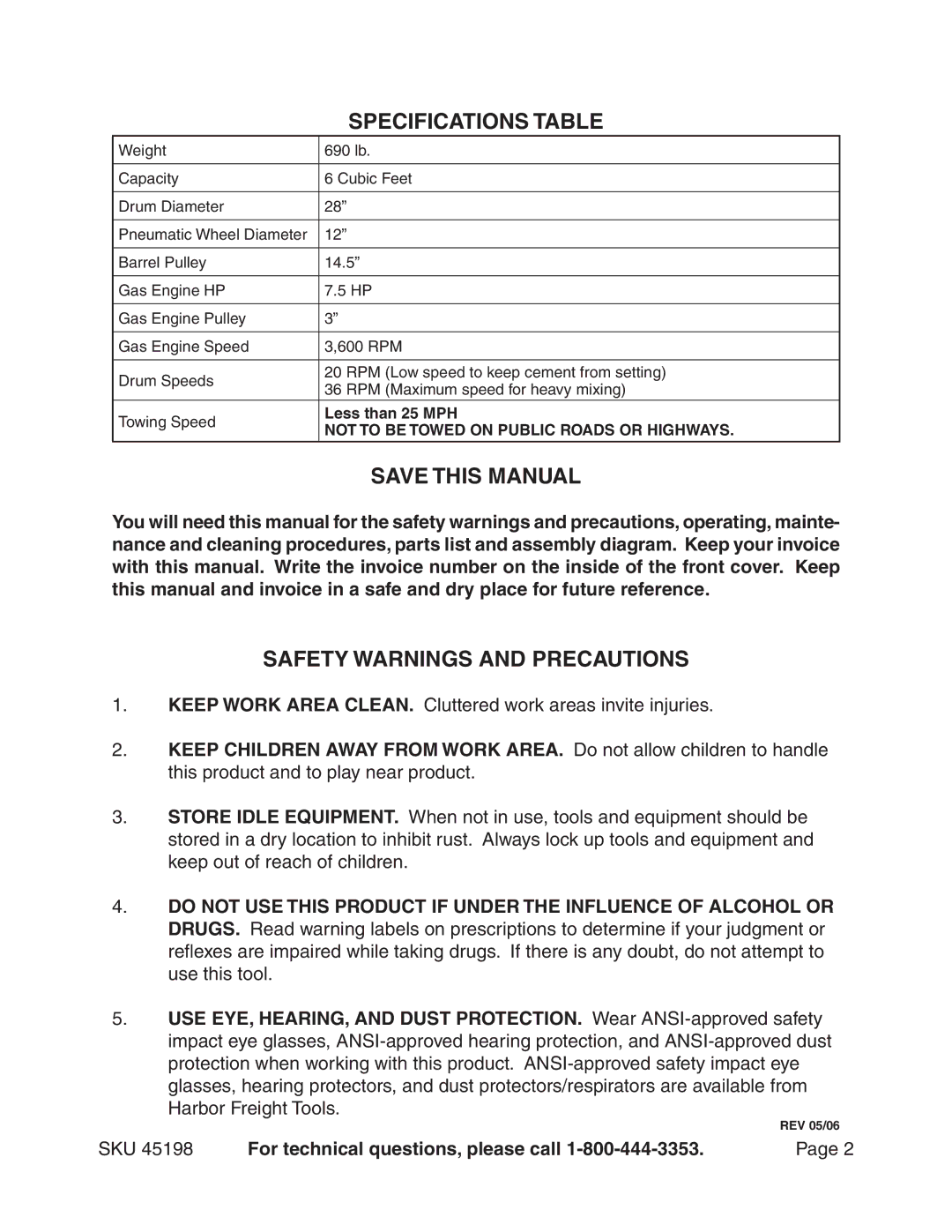 Vanguard 45198 manual Specifications Table 