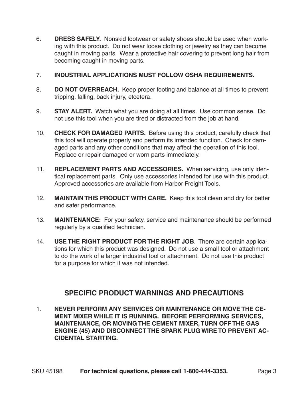 Vanguard 45198 manual Specific Product Warnings and Precautions 