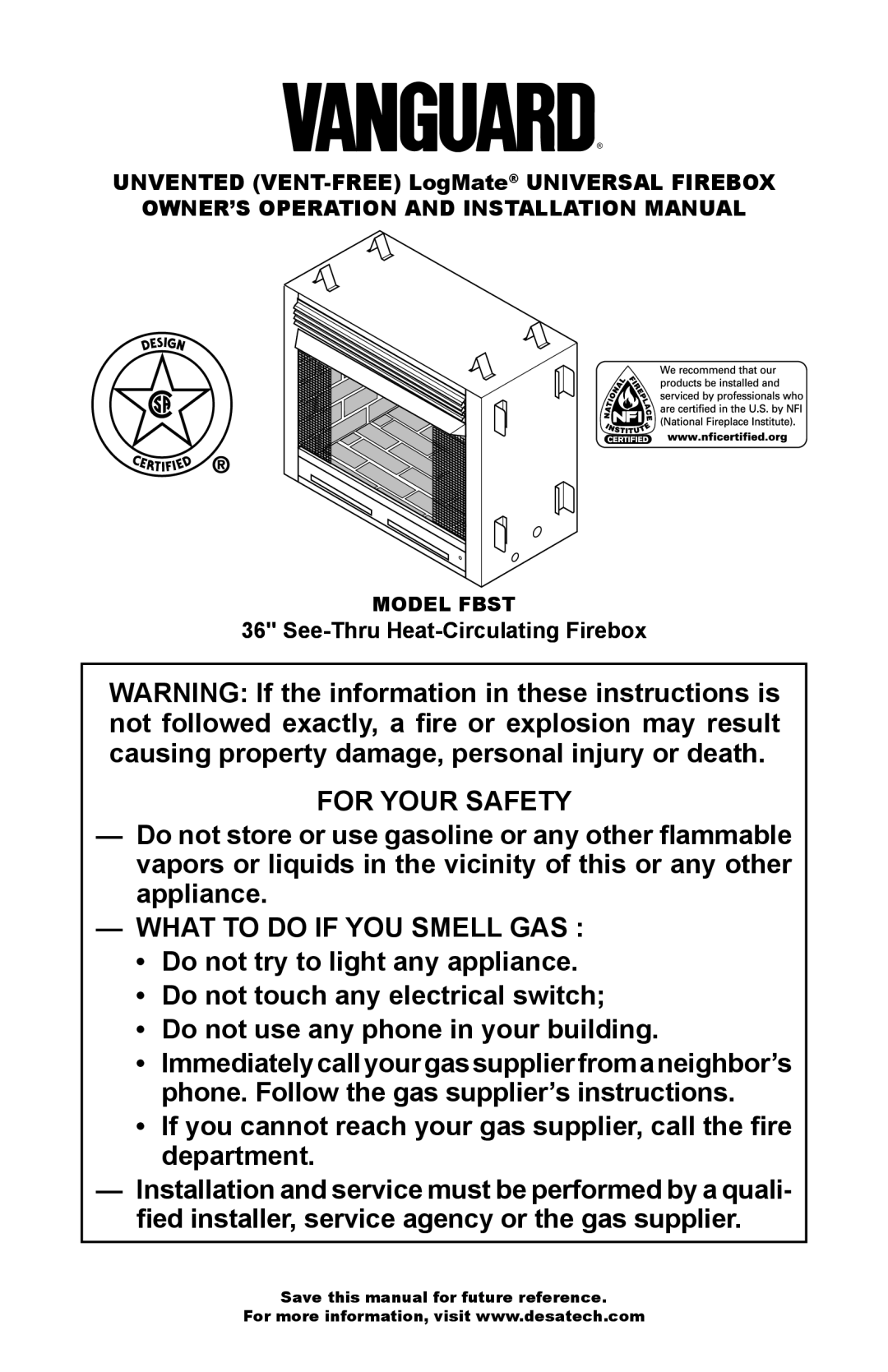 Vanguard FBST manual For Your Safety, Model Fbst 