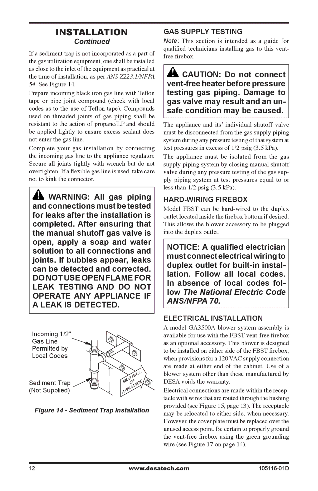 Vanguard FBST manual Gas supply testing, Hard-wiring Firebox, Electrical Installation 