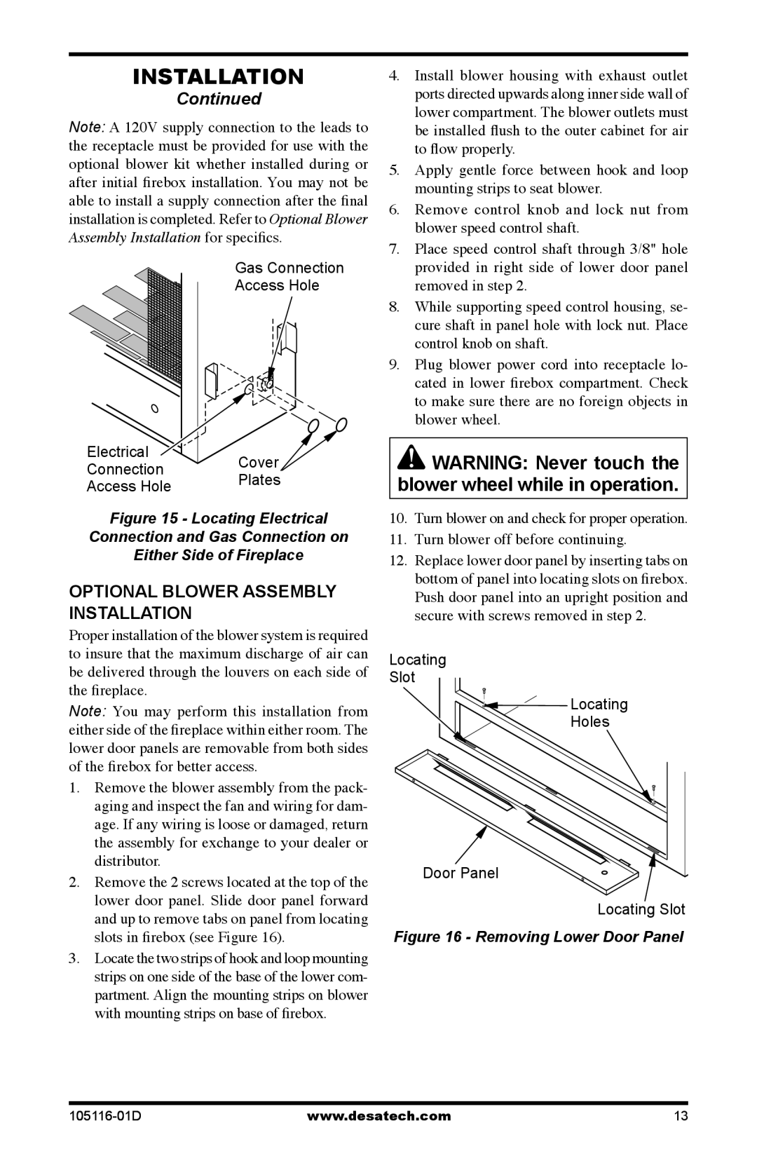 Vanguard FBST manual Optional Blower Assembly Installation, Removing Lower Door Panel 