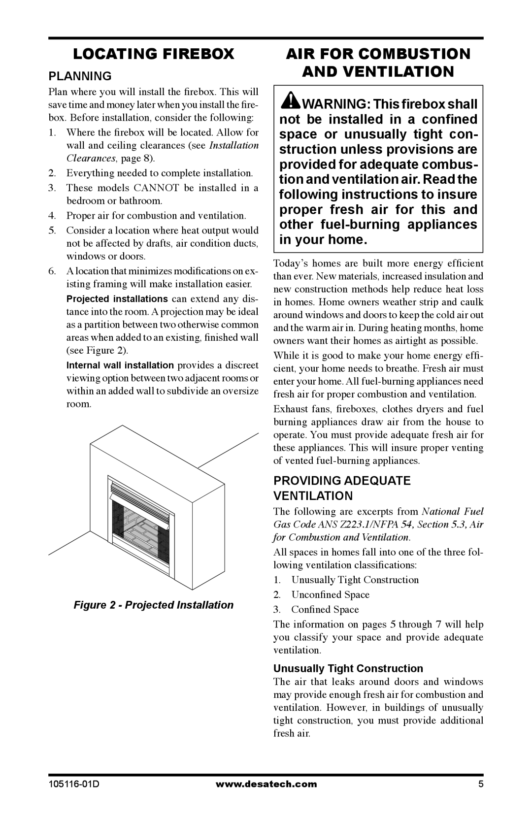 Vanguard FBST manual Locating Firebox, Air for combustion Ventilation, Planning, Unusually Tight Construction 