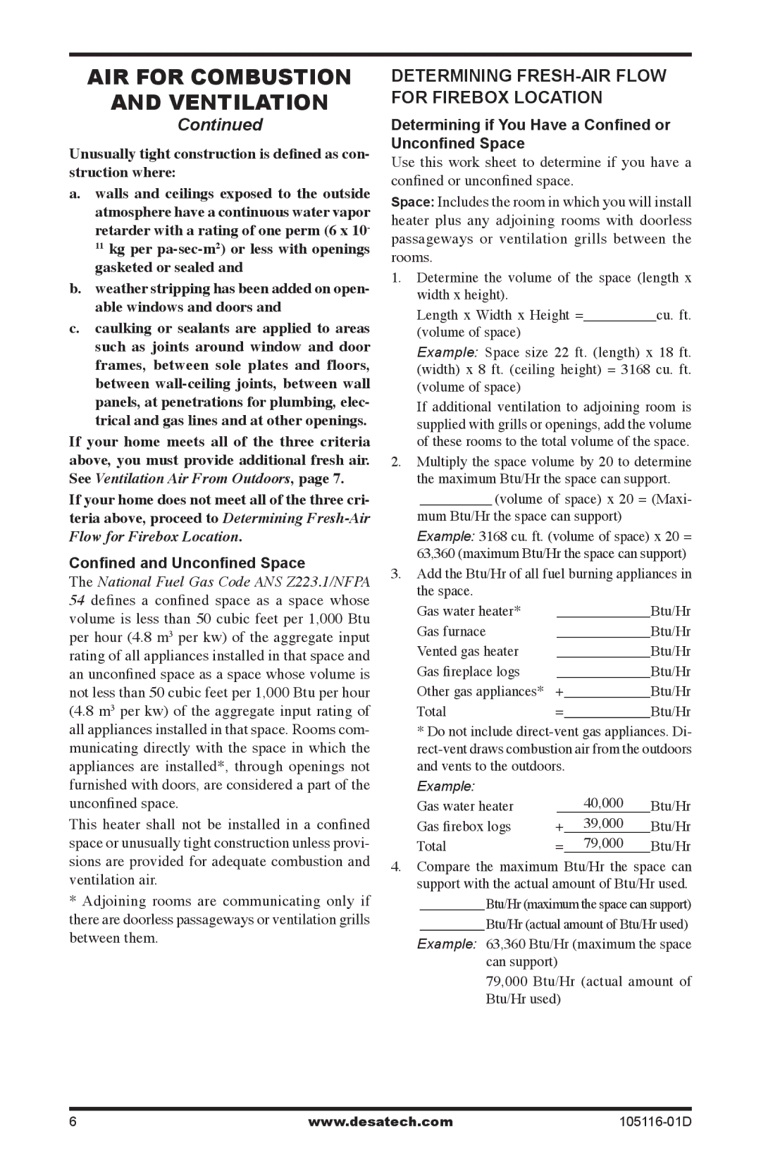 Vanguard FBST manual AIR for Combustion Ventilation, Determining FRESH-AIR Flow for Firebox Location 