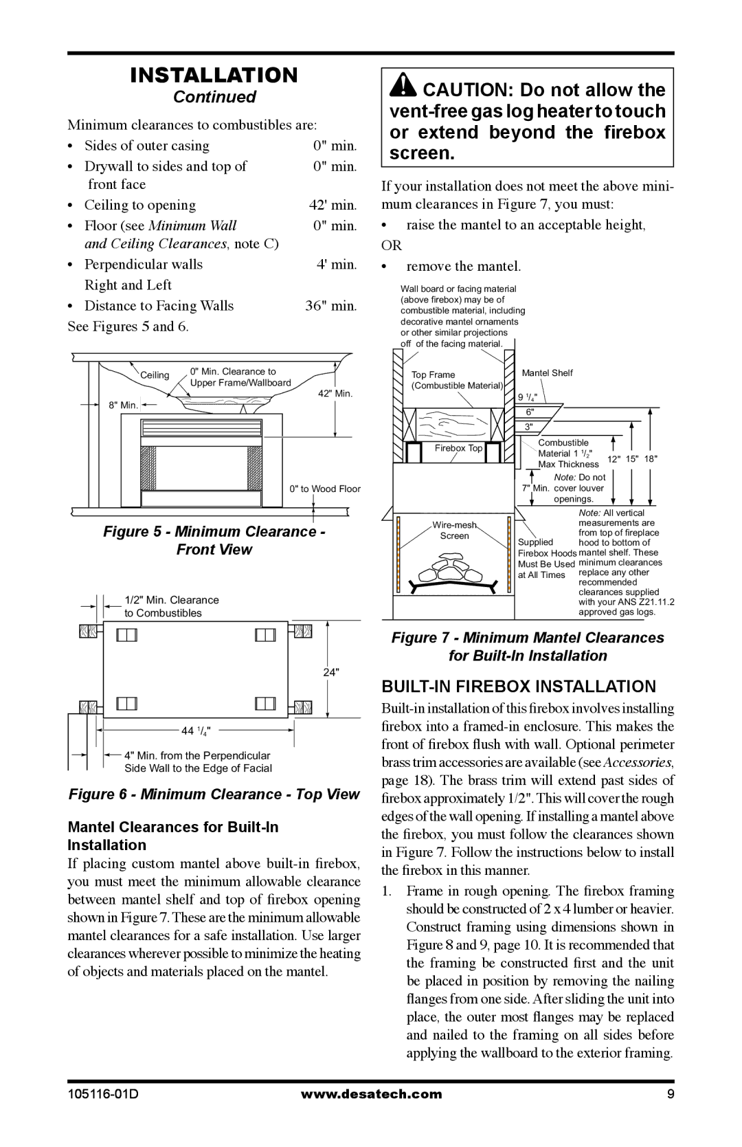 Vanguard FBST manual Built-In Firebox Installation, Mantel Clearances for Built-In Installation 