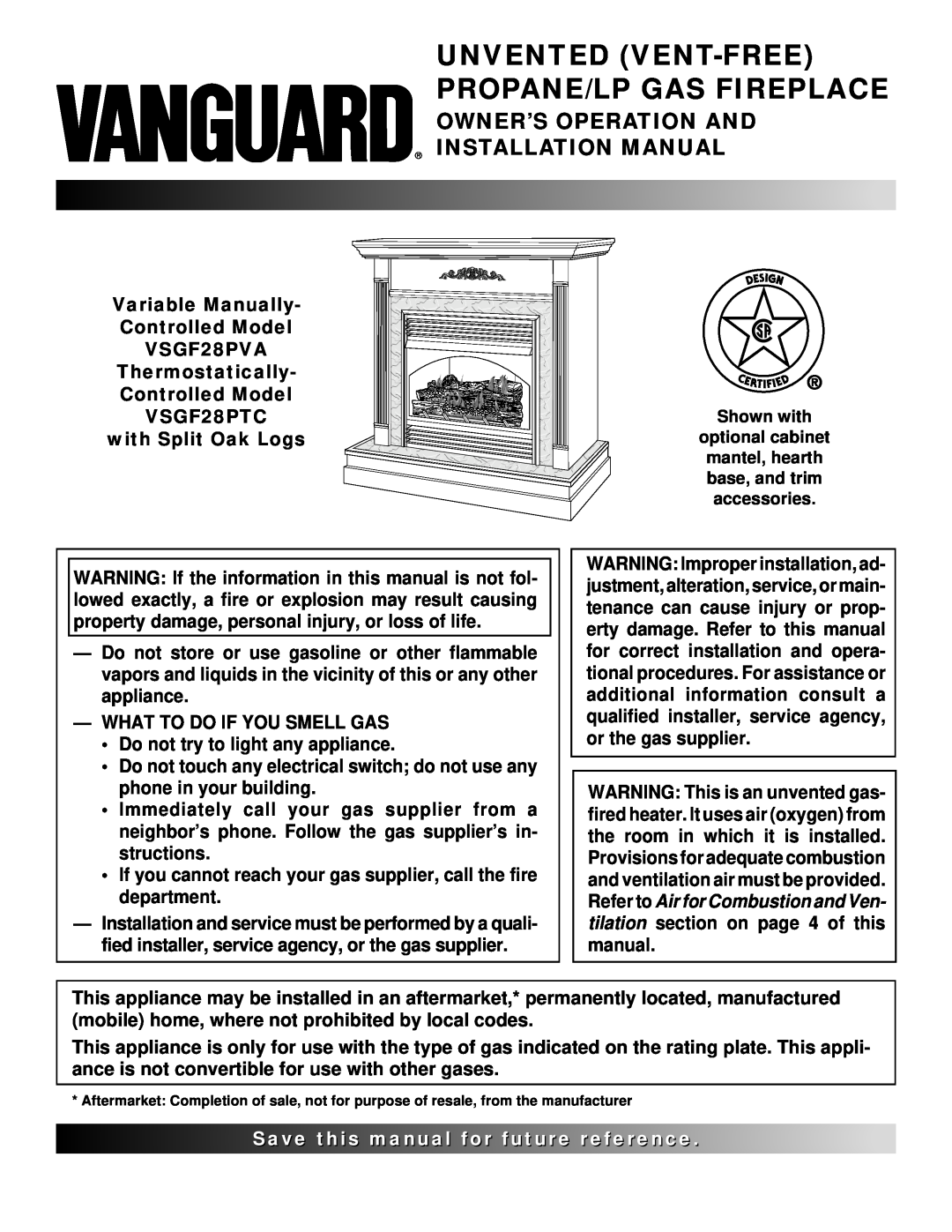 Vanguard Heating 107156-01E.pdf installation manual Unvented Vent-Free Propane/Lp Gas Fireplace, Variable Manually 